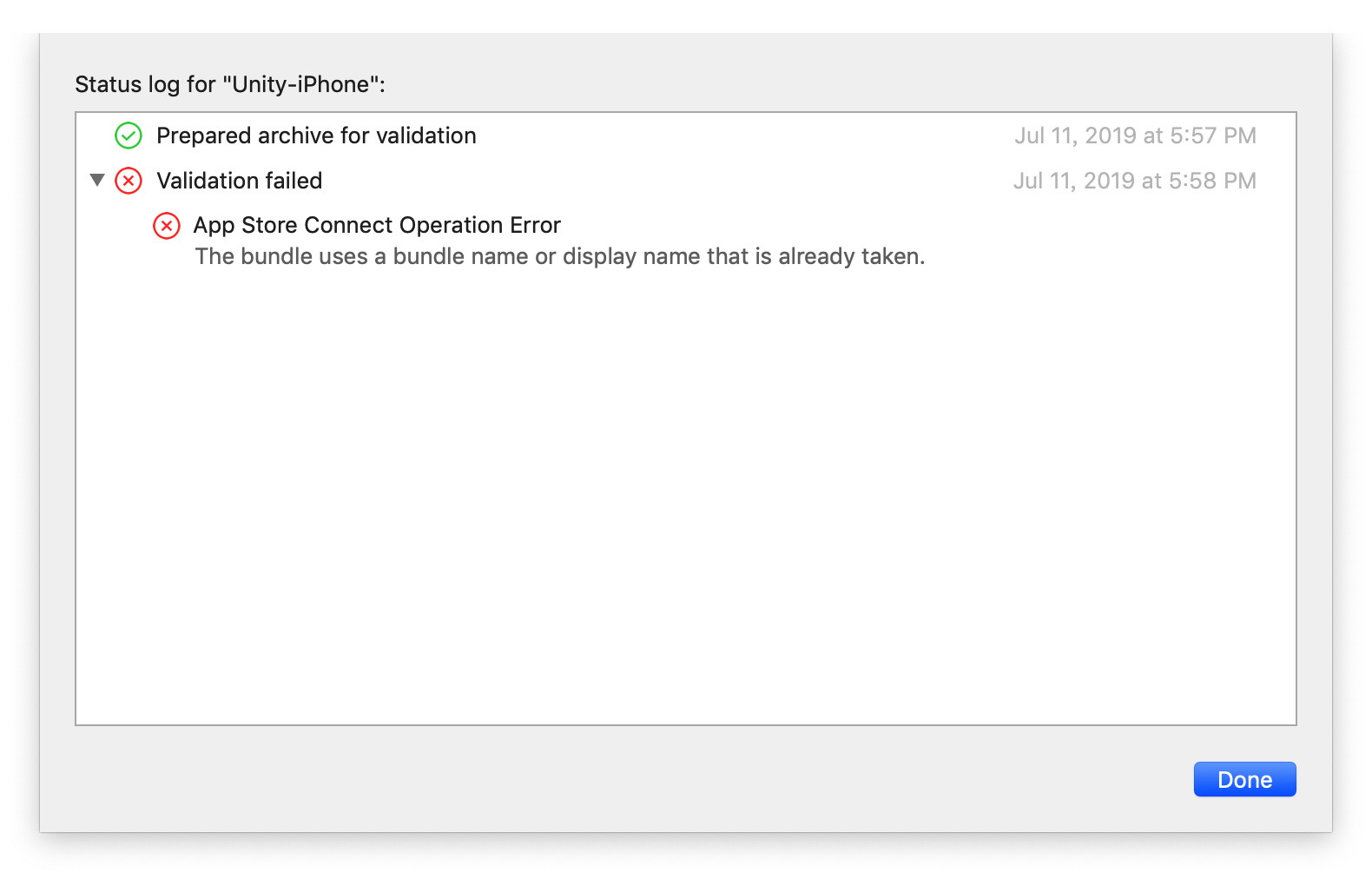 打包上传时报错 The bundle uses a bundle name or display name that is already taken